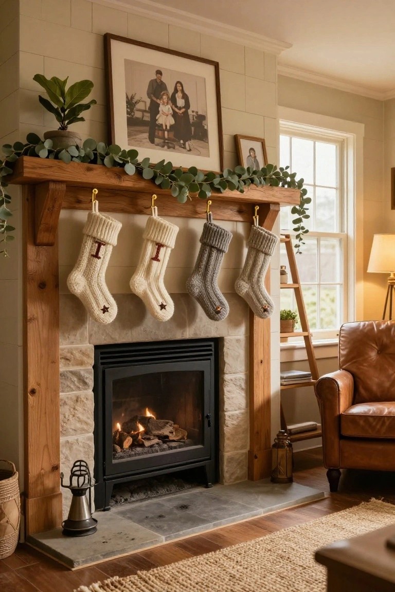 Cozy living room fireplace with rustic wooden mantel holding four neutral knit stockings with red initials and stars, eucalyptus garland draped across, family photo on wall above, and armchair nearby.