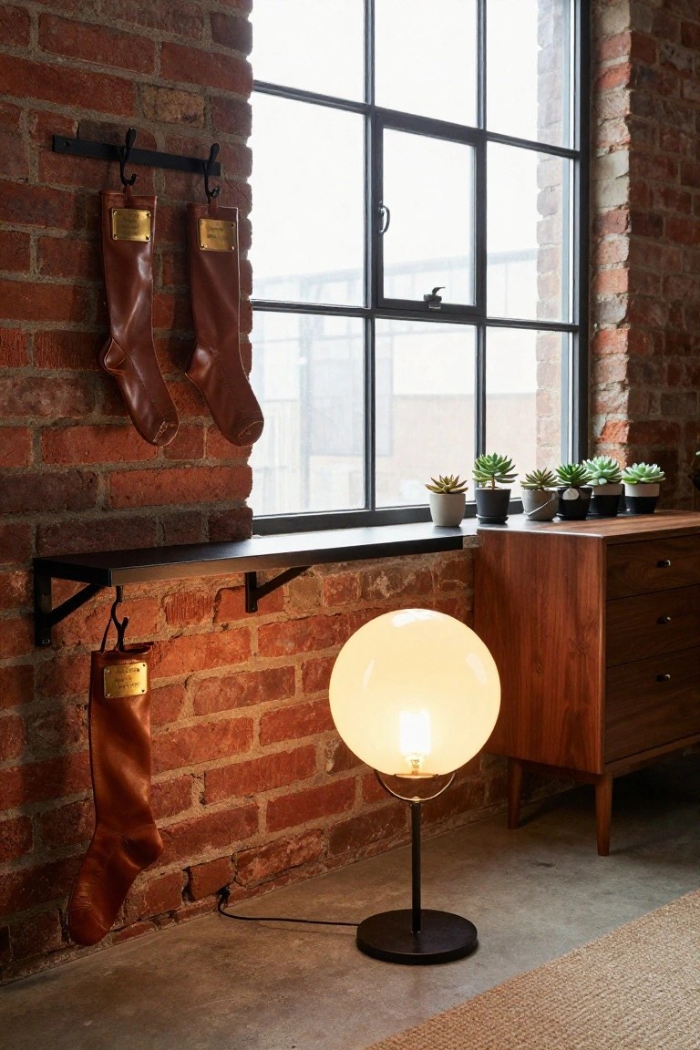 Exposed brick interior wall with two tall brown leather boots hanging from black hooks with brass name tags, white globe lamp on floor beside wooden dresser, succulents on windowsill shelf, and concrete floor with rug.