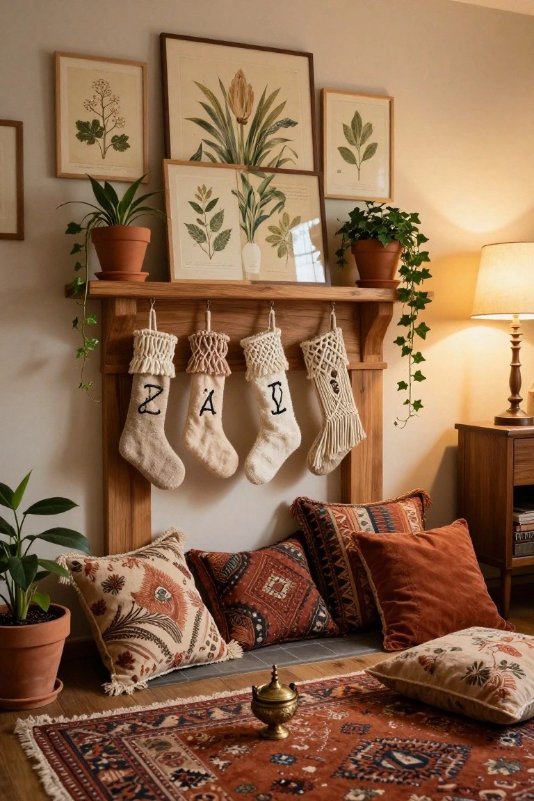 Wooden mantel shelf in a cozy room displaying three off-white personalized Christmas stockings labeled Z, A, and I in macrame and knit styles, with potted ivy plants on shelf ends, botanical prints on walls, colorful pillows and rug on floor.