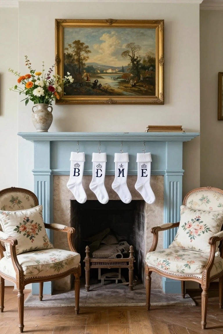 A turquoise-painted fireplace mantel with four white knit Christmas stockings monogrammed in navy with letters B, C, M, and E hanging from hooks, flanked by two matching floral-upholstered antique armchairs, a painting above, and a vase of flowers to the side.