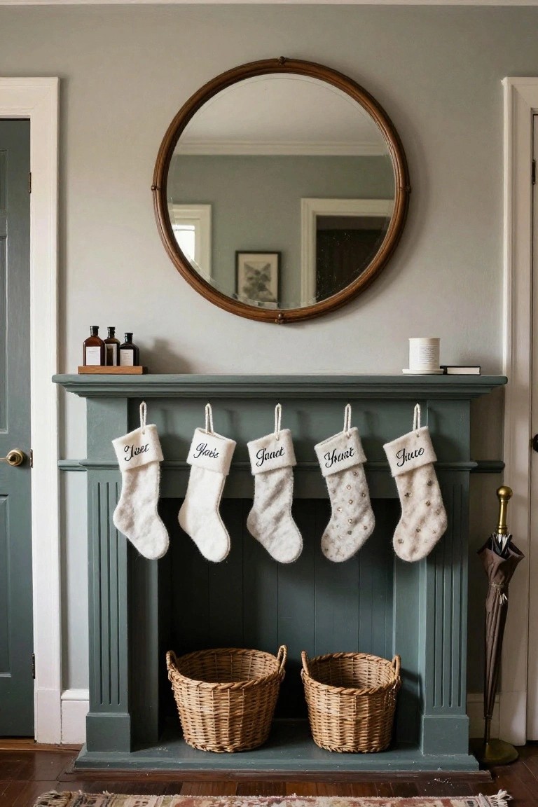 Teal-painted fireplace mantel with four white knit Christmas stockings embroidered with names Jane, Gavin, Jace, and Jude hanging from hooks, wicker baskets in the hearth, round wood mirror above, small bottles on a wooden shelf, white candle holder, and umbrella stand nearby.
