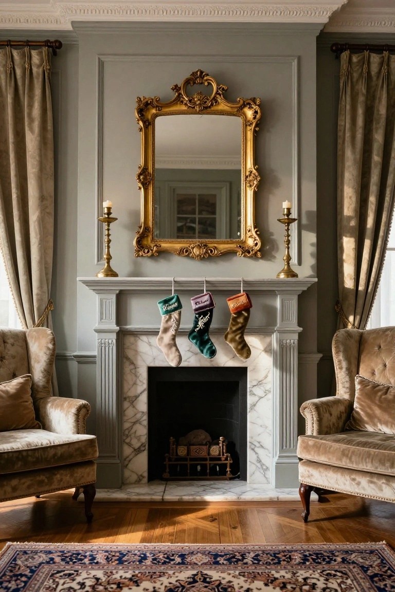 Gray-painted mantel over white marble fireplace with three hanging personalized Christmas stockings labeled Kris, Pip, and Lulu in various colors, flanked by gold candlesticks, ornate gold mirror above, beige velvet armchairs on either side, and Persian rug on hardwood floor.