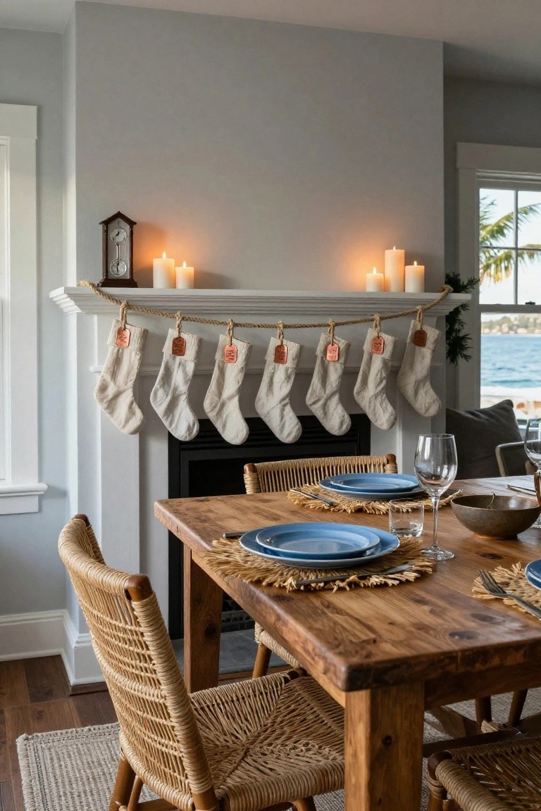 White stockings with copper tags hang from a rope garland on a white mantel above a fireplace, with candles and a clock nearby, next to a wooden dining table set with blue plates and rattan chairs in a light gray room with an ocean view through the window.
