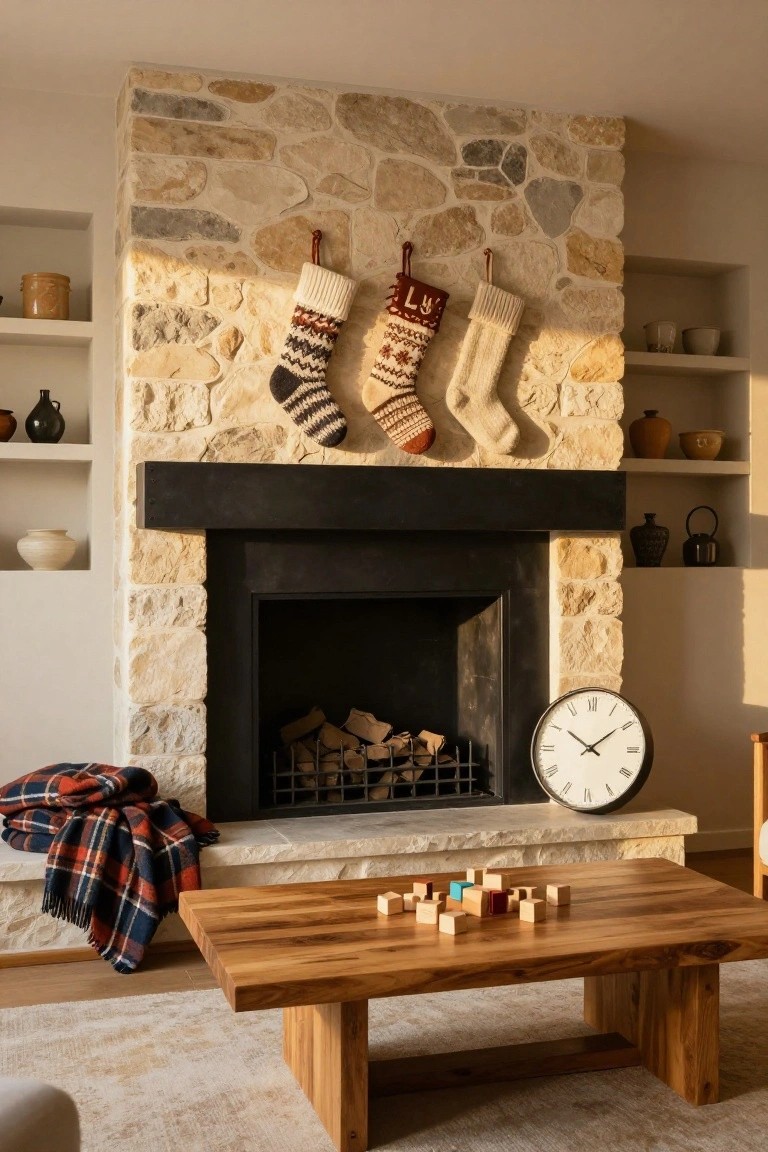 Living room with beige stone fireplace and black mantel holding colorful knitted Christmas stockings, wooden coffee table with colorful blocks, plaid blanket on floor, and shelves with pottery.