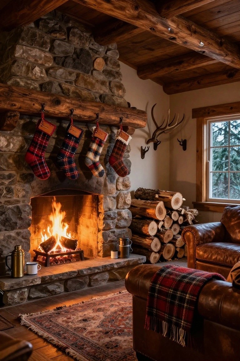Rustic cabin living room featuring a stone fireplace with burning logs, thick wooden mantel holding five colorful plaid Christmas stockings, stacked firewood, leather sofa with plaid throw, and window view of snowy pine trees.