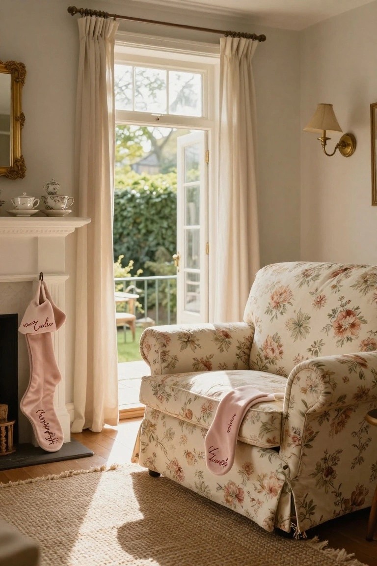Living room with fireplace mantel holding one pink personalized stocking labeled 