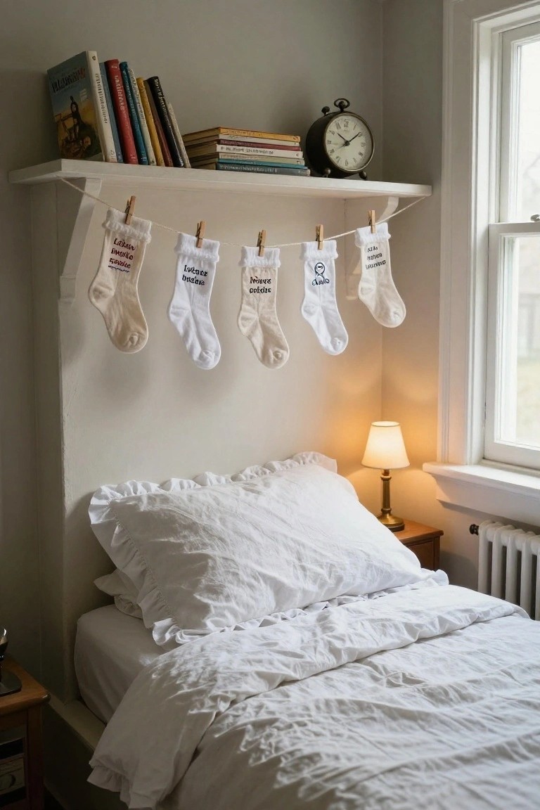 Cozy bedroom with white ruffled linens on the bed, wooden shelves holding books and a clock above, bedside lamp and table, radiator, and five personalized embroidered stockings hanging from a string line with clothespins on the wall.