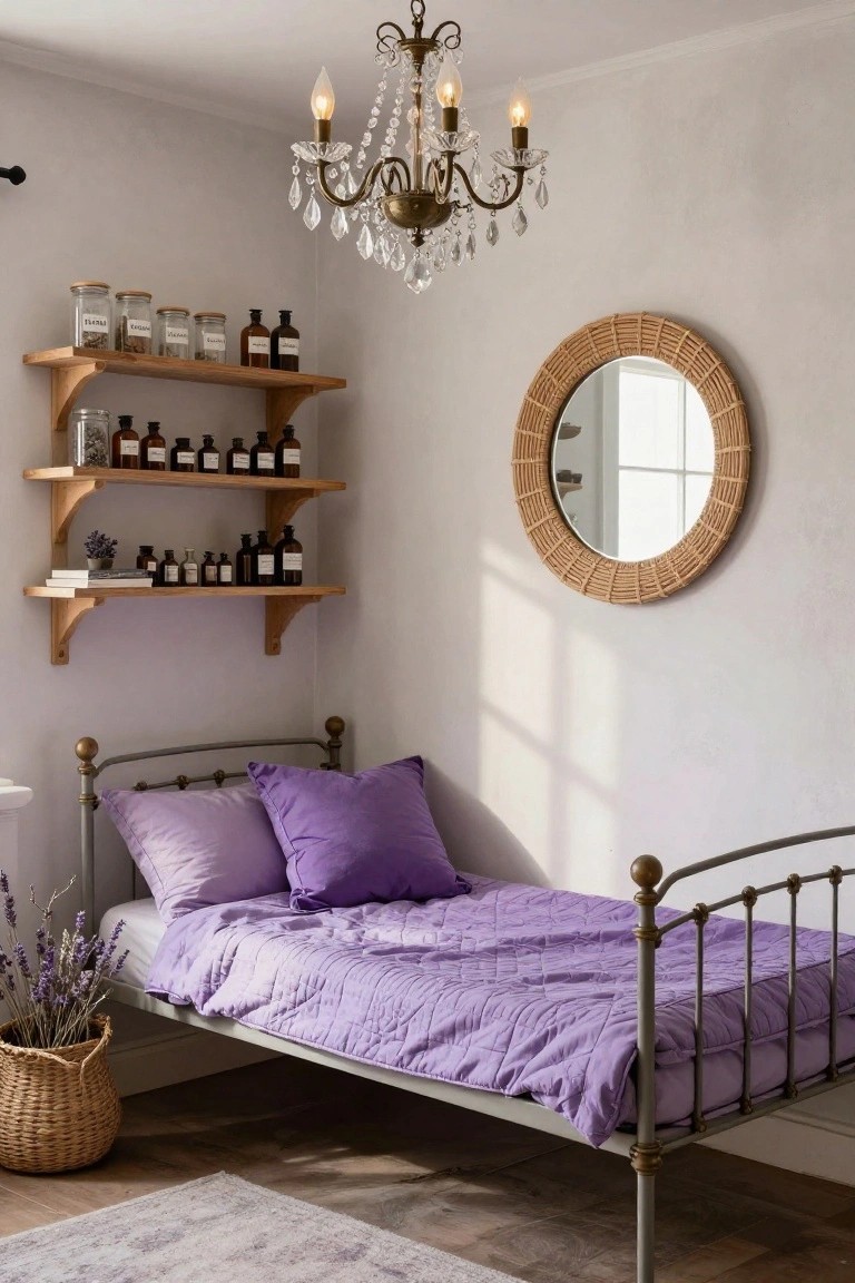 Small bedroom with wooden wall shelves holding glass jars and bottles of various sizes, brass bed frame with purple quilt and pillows, rattan mirror on wall, crystal chandelier, and wicker basket of lavender flowers on wood floor.