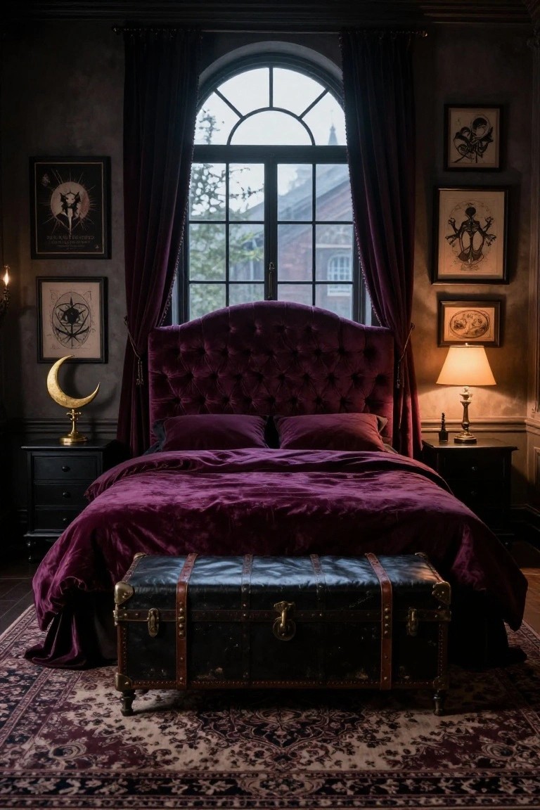 A dimly lit bedroom with a large purple velvet tufted headboard and matching deep purple bedding on the bed, flanked by black nightstands, gothic artwork on beige walls, heavy purple drapes over a tall arched window, a gold crescent moon sculpture, and a black leather trunk at the bed's foot on a patterned rug.