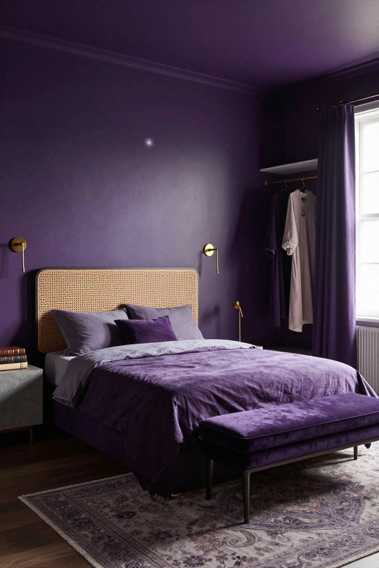 Bedroom interior with deep purple matte walls and ceiling, rattan headboard bed dressed in purple velvet bedding and gray pillows, gold wall sconces, purple bench at bed foot, hanging clothes near window with purple curtain, and patterned rug on wood floor.