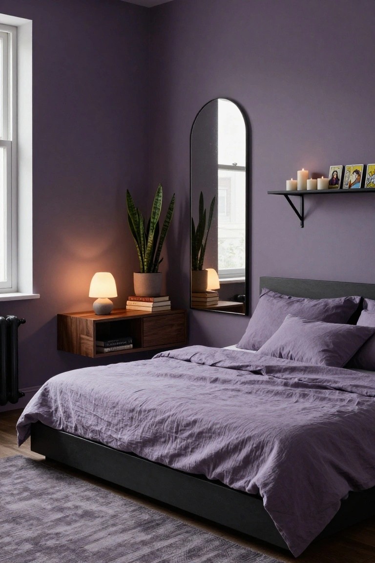 Bedroom with deep purple walls, black platform bed covered in purple linen bedding and pillows, wooden floating nightstand holding a cream lamp and stacked books, tall snake plant in a pot, arched black mirror, black shelf with candles and framed tarot cards, and gray rug on wood floor.