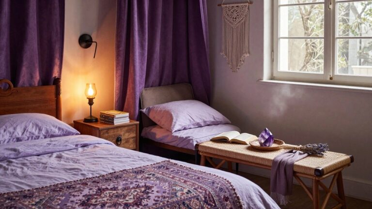22 Purple Witchy Bedroom Decor Ideas Bedroom with a navy velvet canopy bed frame, lilac bedding with a patterned throw, wooden nightstand holding stacked books, lavender bouquet, and purple amethyst crystal on a wooden tray, rattan stool with open book nearby, macrame wall hanging, and lamp on another table.
