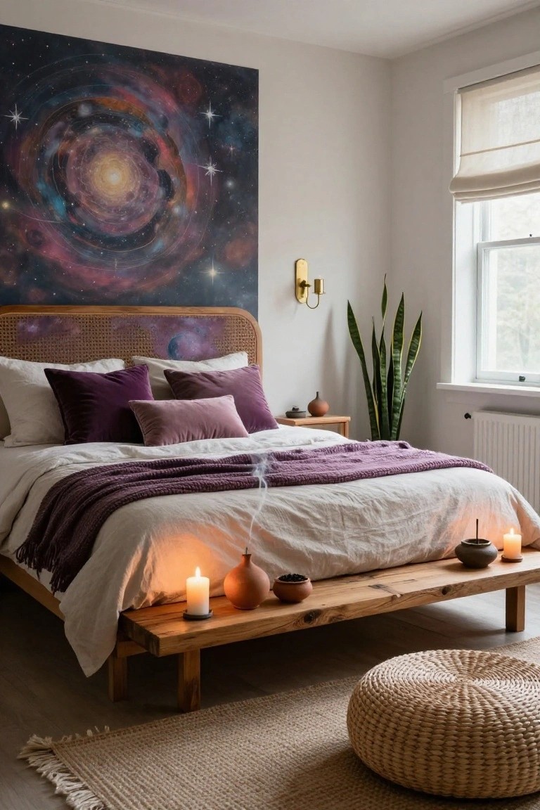 Bedroom with purple galaxy mural on wall behind rattan bed frame, white and purple pillows and duvet, purple throw blanket, wooden bench footboard holding candles and pottery, snake plant, side table, woven pouf on jute rug.