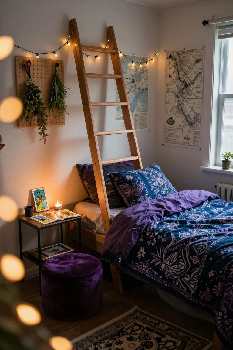 Wooden ladder leaning against white wall beside bed with purple patterned bedding and pillows, string lights and potted plants on ladder, small table with candle tarot cards and mug nearby