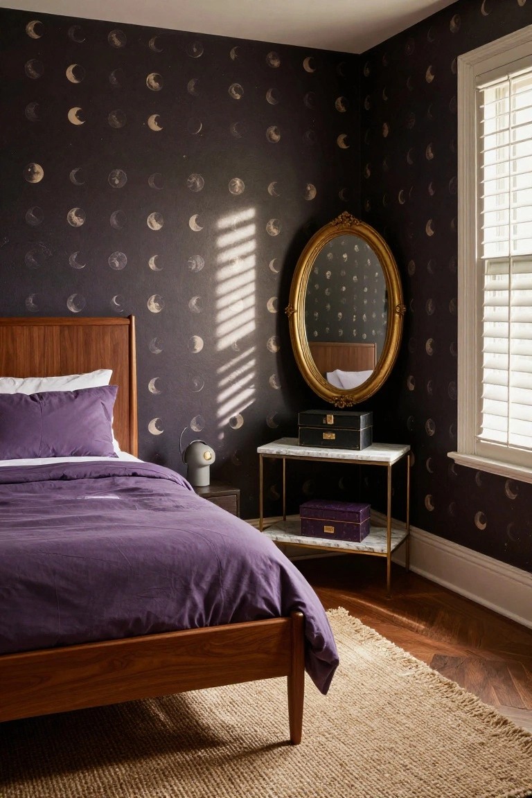 Corner of a bedroom featuring dark wallpaper patterned with various moon phases, a wooden bed with purple bedding and white pillows, a gold oval mirror reflecting the bed, a marble-topped metal shelf with boxes, and a bedside table with a cream lamp.