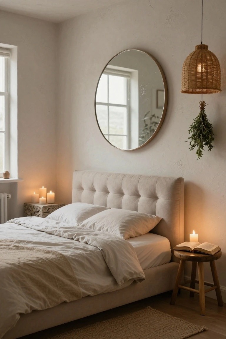 A light beige bedroom with tufted upholstered bed, white pillows and duvet, large round mirror on wall reflecting window, rattan pendant lamp, lit candles on carved nightstand and wooden stool holding open book, hanging dried herb bundle, and seagrass rug.
