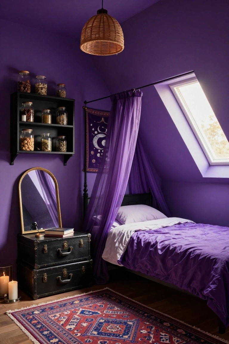 Purple-walled attic bedroom with a single bed under sheer purple canopy drapes, black shelves holding glass jars of herbs and spices, gold arched mirror, vintage suitcases, candles, and red patterned rug.