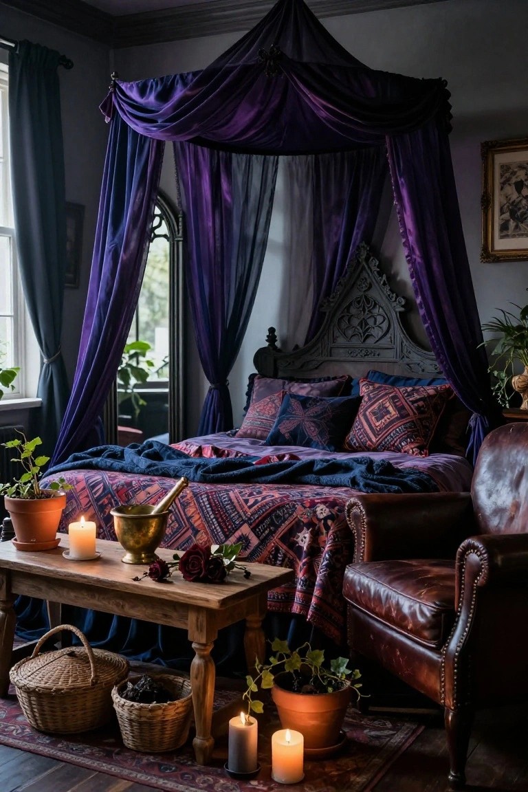 Dimly lit bedroom with black gothic canopy bed draped in purple velvet fabric, colorful pillows and quilt, wooden table holding brass mortar, red roses, candles, potted plants, woven baskets, leather armchair, and patterned rug on wood floor.