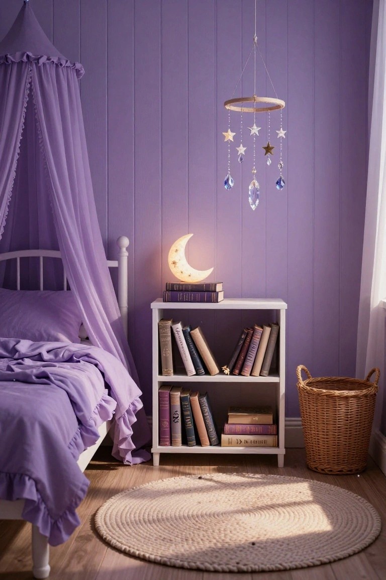 Purple paneled wall bedroom with white metal bed under sheer purple canopy drapes, purple ruffled bedding, nightstand holding moon lamp and stacked books, adjacent white bookshelf filled with books, hanging wooden hoop mobile with stars and blue crystal drops, wicker basket, and round jute rug on wood floor.