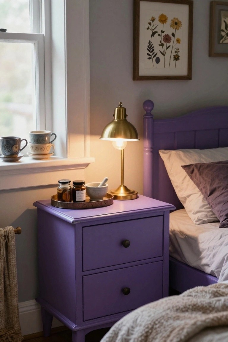 Purple wooden nightstand with two drawers beside a matching purple bed frame, topped with a brass lamp, brass tray holding glass jars, mortar and pestle, next to a window with stacked mugs and a radiator in a dimly lit bedroom.