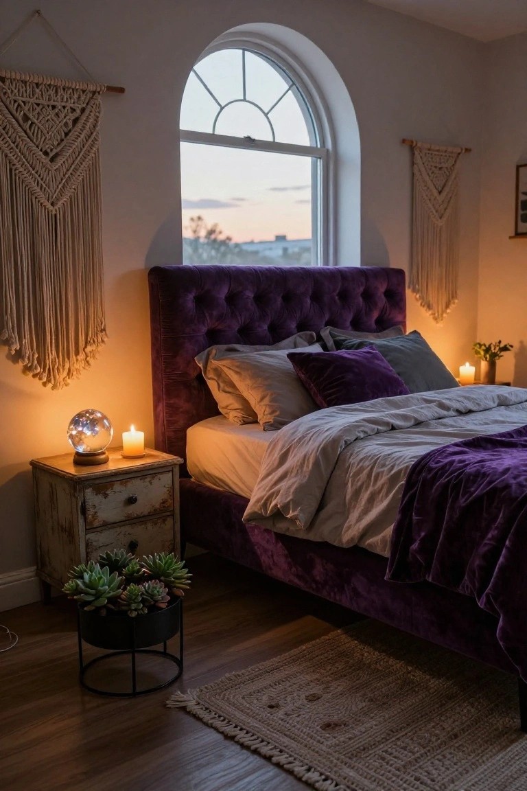Bedroom interior featuring a purple velvet tufted headboard bed with beige sheets and purple throw, wooden nightstand holding a crystal globe lamp and candle, macrame wall hangings beside an arched window showing sunset view, potted succulents on floor, warm candlelight.