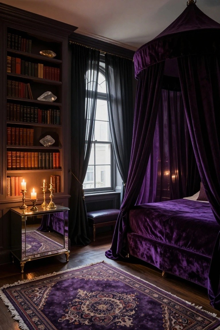 A bedroom interior with a large purple velvet canopy bed as the focal point, flanked by dark wood bookshelves filled with books and crystals, antique brass candelabras with lit candles on a mirrored table, heavy black curtains on a tall window, and a purple patterned rug on wood floors.
