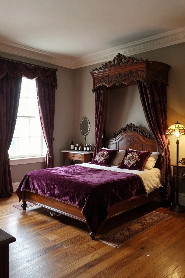 Ornate wooden four-poster bed with purple velvet canopy, bedding, and matching curtains in a bedroom with hardwood floors, antique side table, and stained glass lamp.