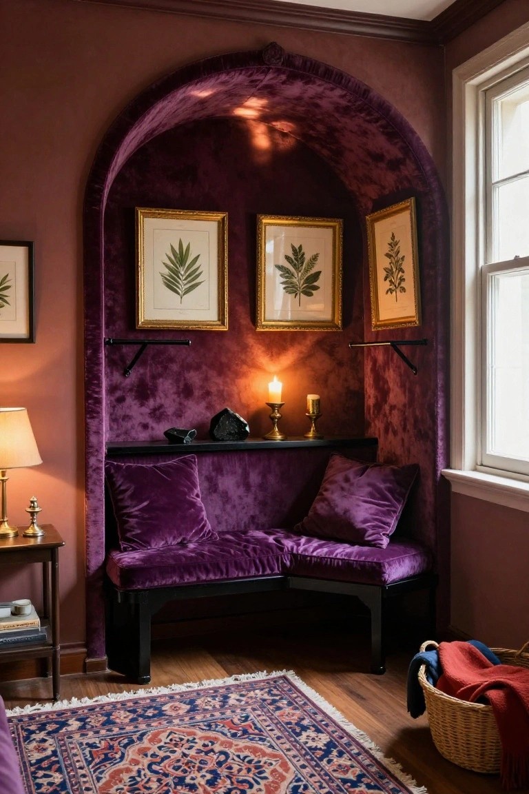 Corner alcove in a maroon-walled room with purple velvet-upholstered L-shaped bench, gold-framed fern botanical prints, black crystal and candles on black shelf, purple pillows, brass lamp on side table, window, Persian rug, and wicker basket with blankets.