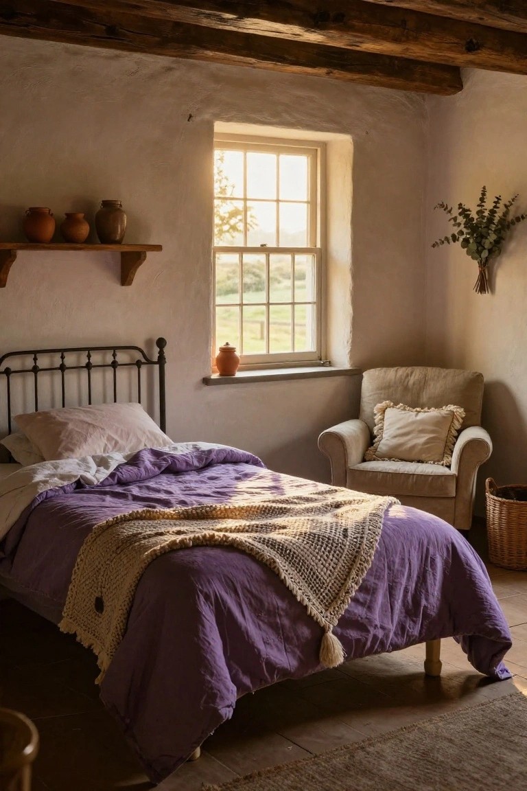 Sunlit rustic bedroom with whitewashed adobe walls, exposed wooden beams, iron bed draped in purple linens and cream knitted throw, beige armchair with pillow, wooden shelves holding terracotta pots, small vase on windowsill, and multipaned window overlooking green fields.
