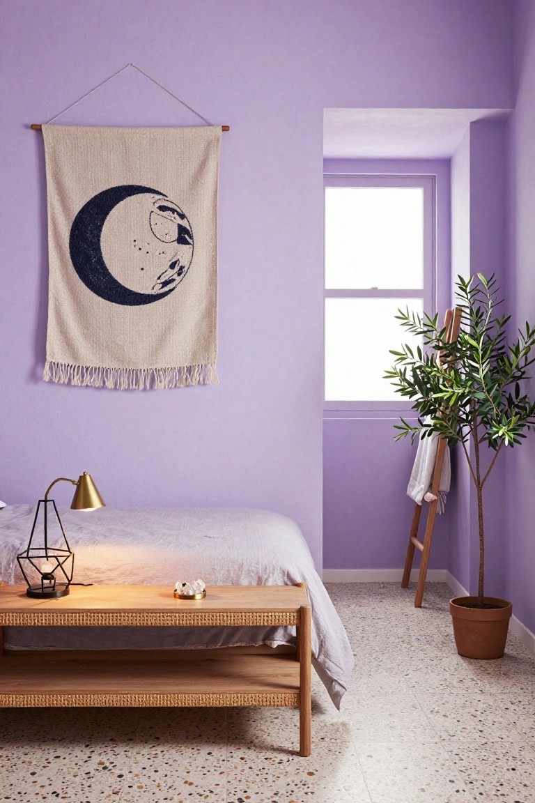 Bedroom interior with light purple walls, a large beige wall hanging featuring a black crescent moon and stars above a low wooden platform bed with white linens, a gold arched desk lamp on a wooden nightstand holding white crystals, a potted olive tree next to a wooden ladder draped with a white towel, and speckled beige terrazzo flooring.
