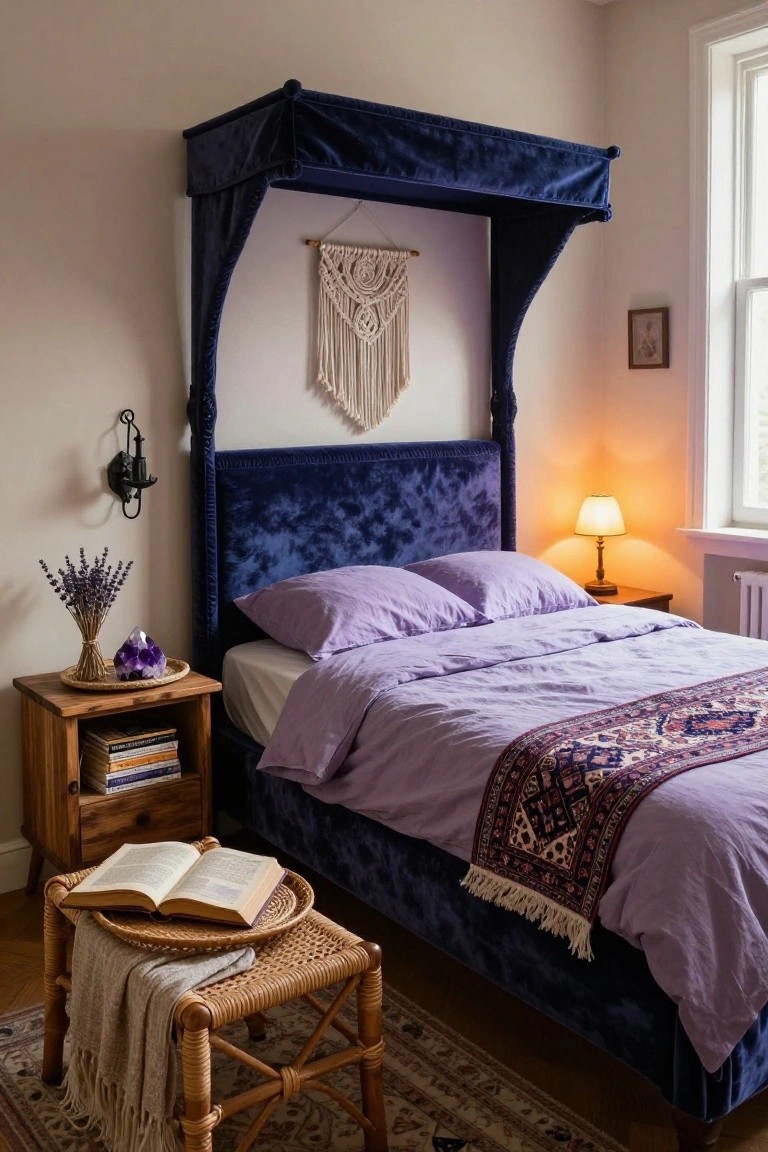 Bedroom with a navy velvet canopy bed frame, lilac bedding with a patterned throw, wooden nightstand holding stacked books, lavender bouquet, and purple amethyst crystal on a wooden tray, rattan stool with open book nearby, macrame wall hanging, and lamp on another table.