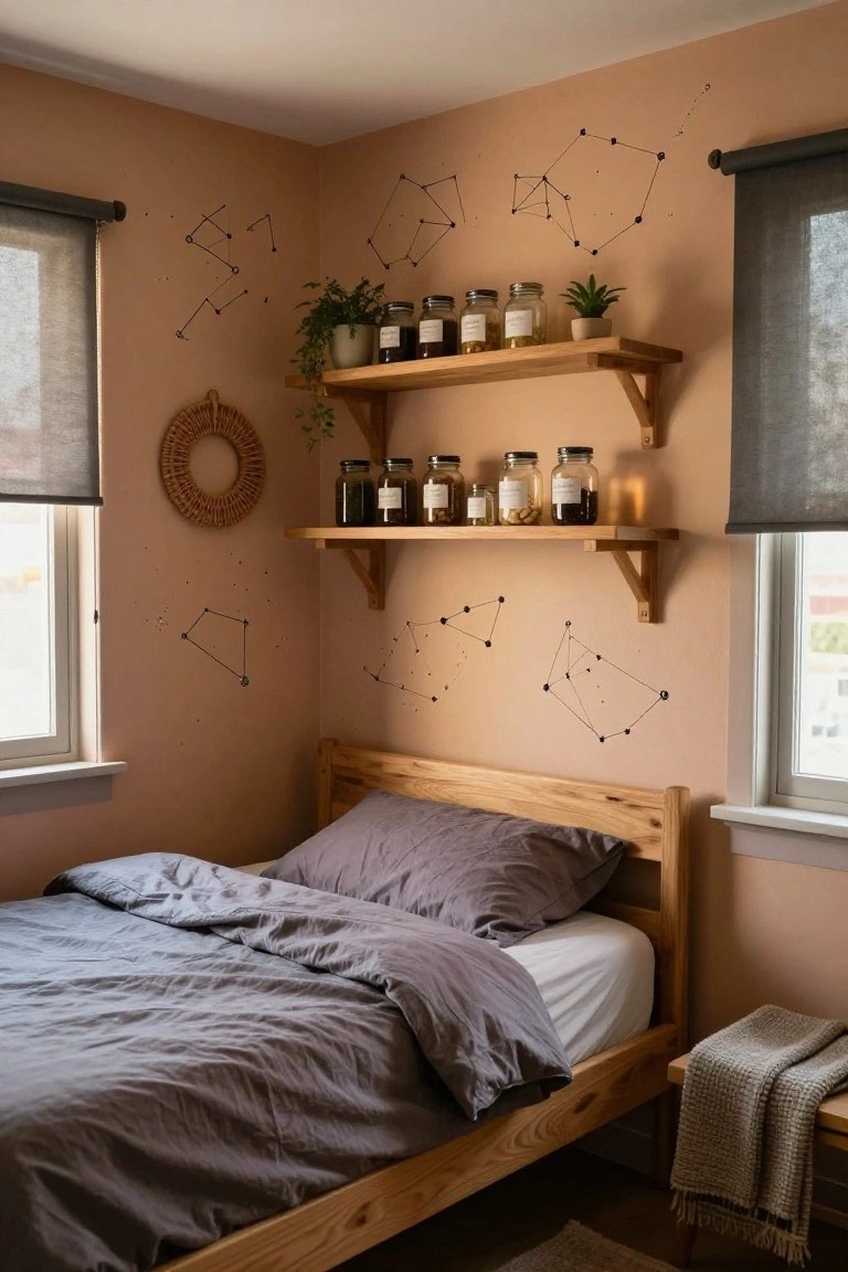 Corner of a peach bedroom with wooden floating shelves holding glass jars of various contents, potted plants, and a rattan wreath, constellation decals on walls, gray bed linens on wooden bed frame, and gray roller shades on windows.