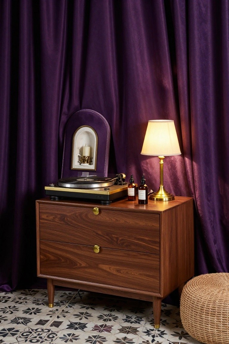 Wooden mid-century style dresser with two drawers and gold knobs holding a black and gold record player, brass table lamp, and two glass bottles, positioned against purple velvet curtains with a white arched candle niche, gold lamp base, and woven pouf on tiled floor.