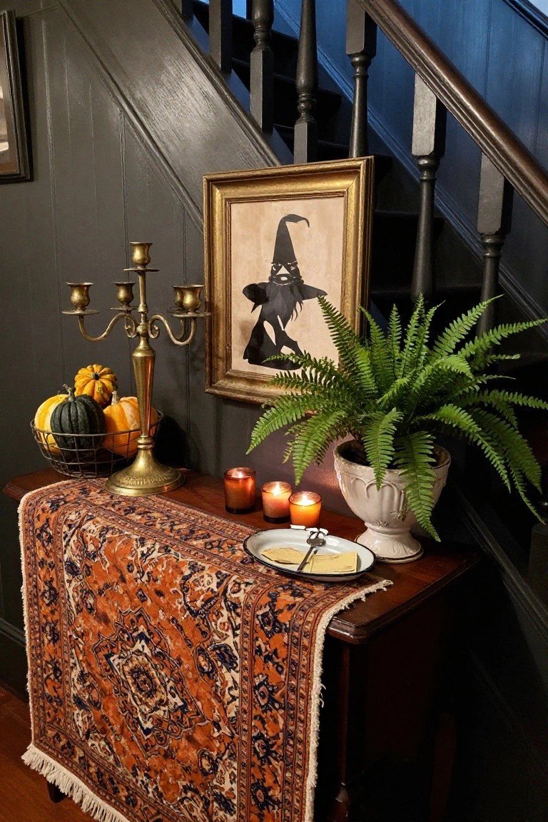 Dark wood-paneled hallway with staircase features a wooden console table draped in an orange rug, topped with a brass candelabrum holding a basket of pumpkins, small candles, a fern plant in a white pot, and a framed black witch silhouette artwork.