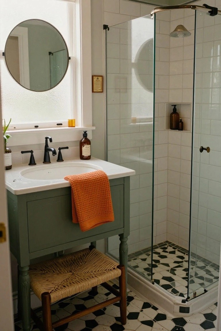 Small bathroom with sage green vanity and sink, orange towel, rattan stool, glass shower enclosure, white subway tile walls, and black and white octagonal floor tiles.