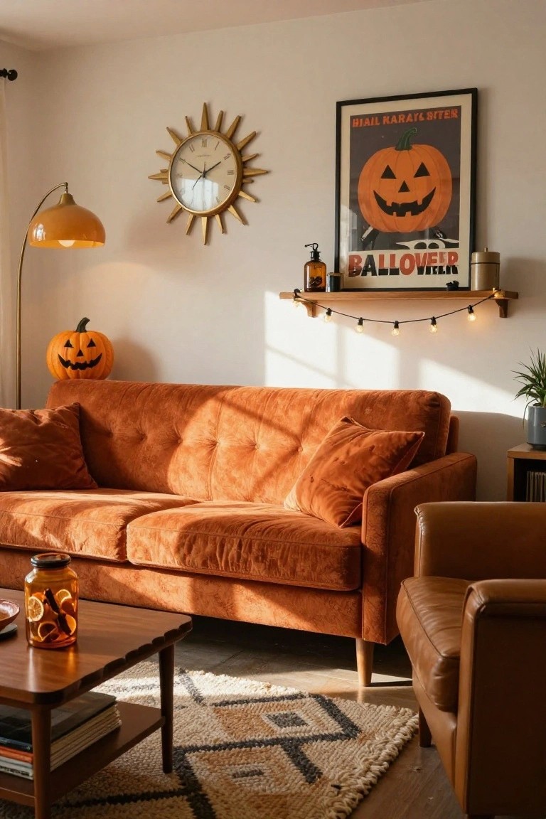 Living room interior with burnt orange velvet sofa, wooden coffee table stacked with books, carved pumpkins on shelves and floor, Halloween poster, gold sunburst clock, and string lights on wooden shelf against white wall.