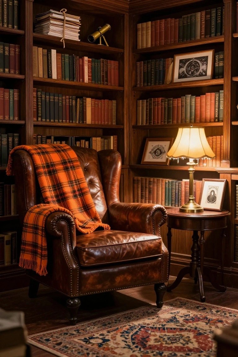 Wood-paneled library corner with floor-to-ceiling bookshelves filled with leather-bound books, a brown leather wingback armchair draped in orange plaid blanket, brass table lamp on round side table, and vintage frames and telescope on shelves.