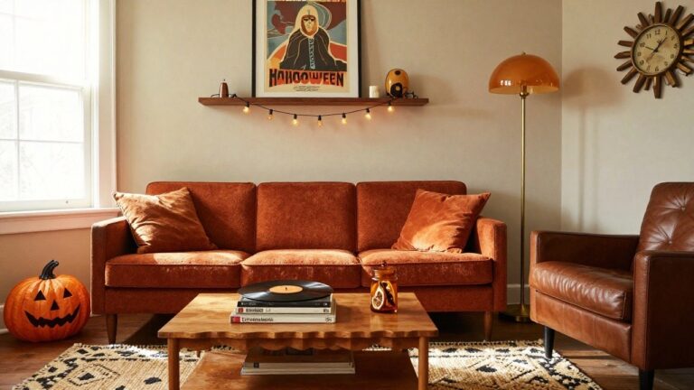 Living room interior with burnt orange velvet sofa, wooden coffee table stacked with books, carved pumpkins on shelves and floor, Halloween poster, gold sunburst clock, and string lights on wooden shelf against white wall.
