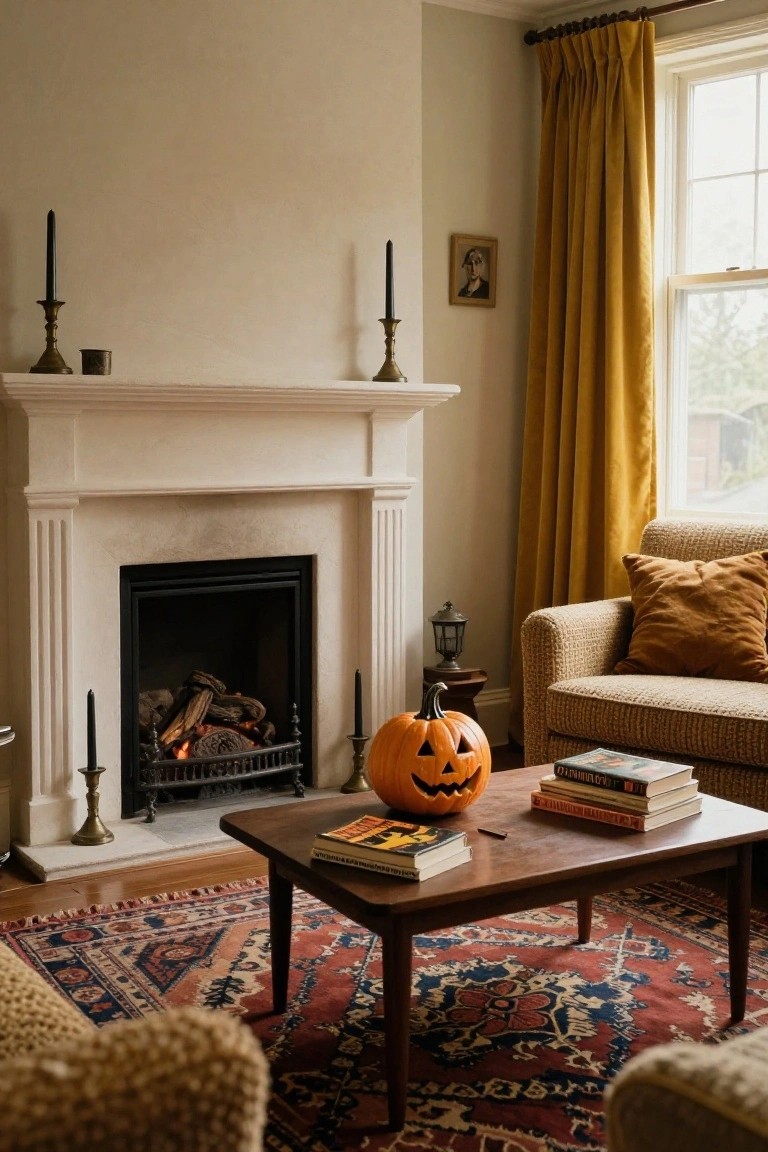 Cozy living room with white stone fireplace containing burning logs, two orange jack-o-lanterns and brass candlesticks on the mantel, mustard yellow sofa and curtains, wooden coffee table with books and another pumpkin, and patterned rug on hardwood floor.
