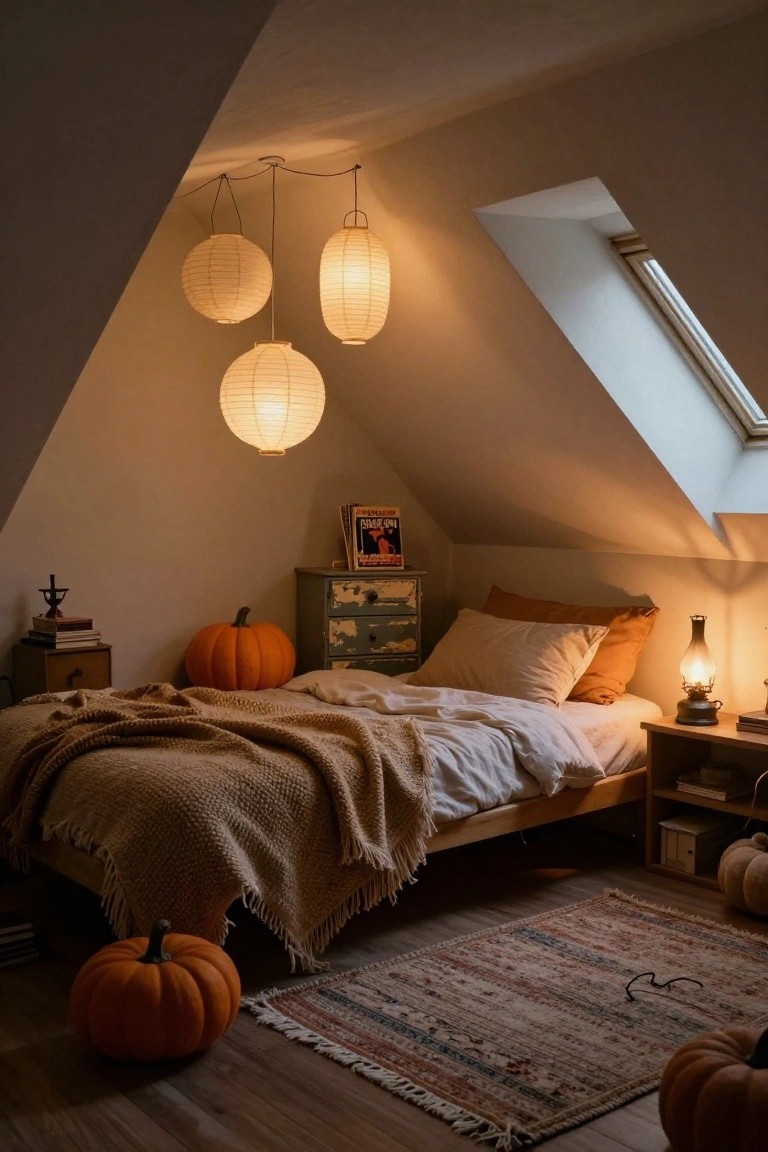 Attic bedroom with sloped white ceilings and skylights, lit by three hanging white paper lanterns, featuring a wooden bed with white sheets, knitted beige blanket, orange pumpkins on the floor, and a bedside oil lamp.