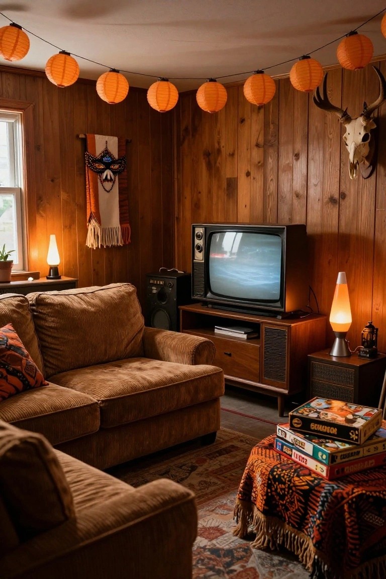 Wood-paneled living room with orange paper lanterns strung across the ceiling, retro TV on a credenza, brown sofa, lava lamps, skull trophy on wall, and stacked board games on a low table.