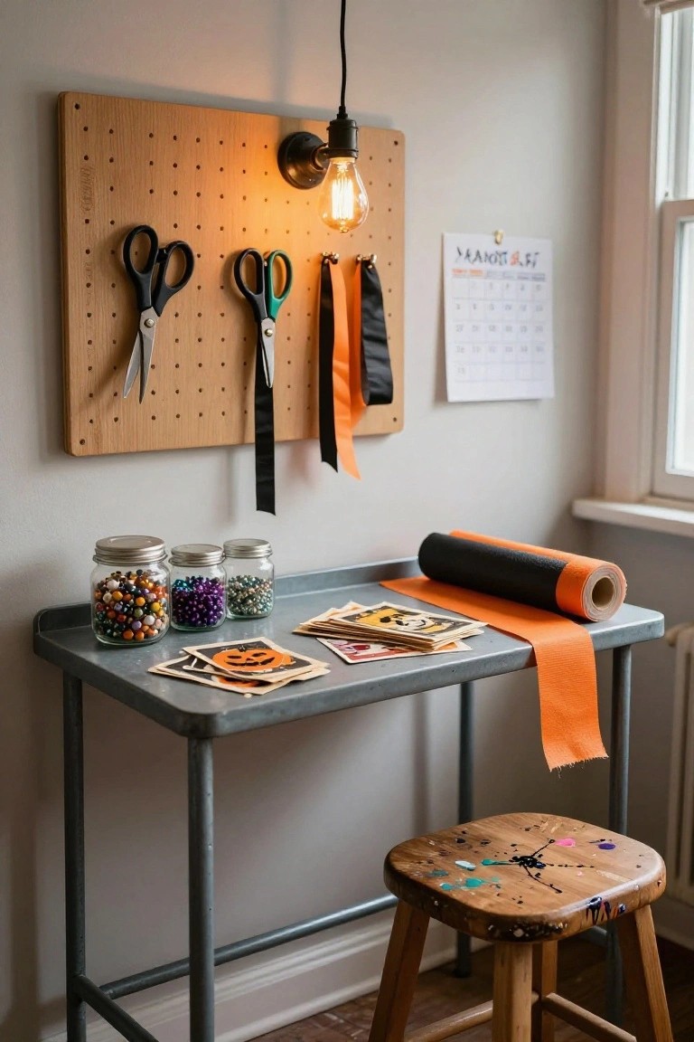 Wooden pegboard wall with hanging black scissors, green scissors, and orange black ribbons next to a lit bulb, above a gray metal desk holding jars of colorful beads, stacks of Halloween cards, and a roll of black orange paper, with a painted wooden stool nearby.