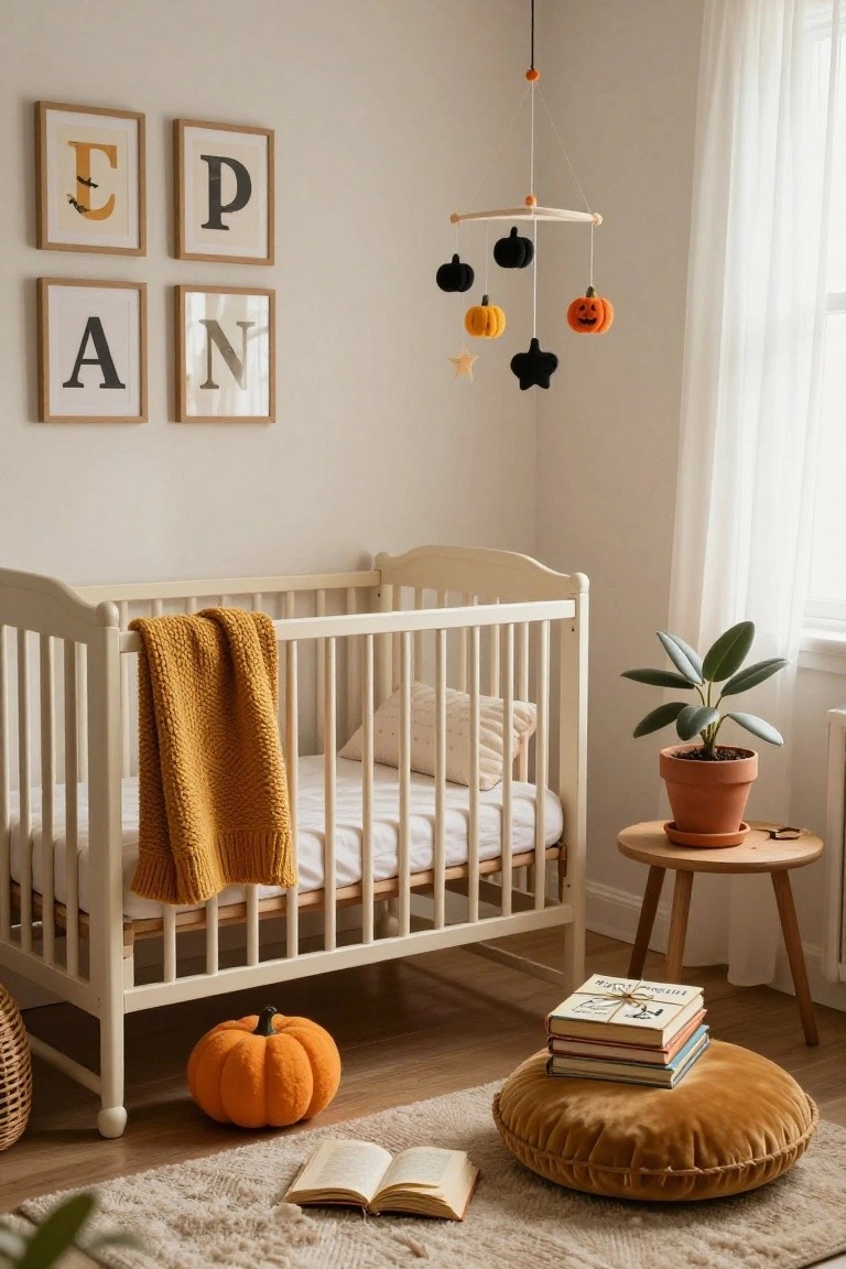 Cozy nursery with white crib, pumpkin mobile, framed letters, and autumn decor.