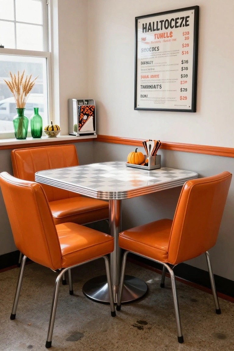 Corner booth seating area with orange vinyl chairs around a chrome-edged checkerboard table, small orange pumpkin in a metal holder, utensil caddy on an orange-trimmed wall, and Halloween menu board next to a window with green bottles and wheat bundle.