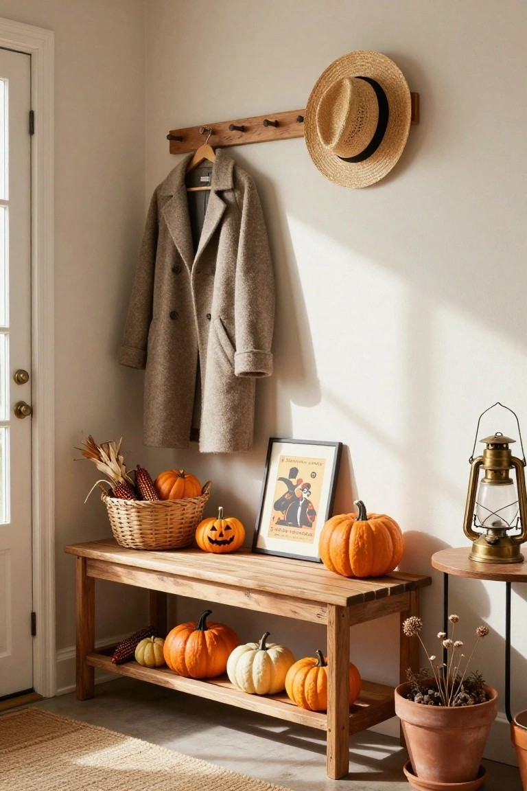 Entryway corner featuring a wooden bench with assorted pumpkins and corn, a hanging gray coat and straw hat on a peg rack, a framed vintage Halloween poster, lantern on a side table, and potted plant.