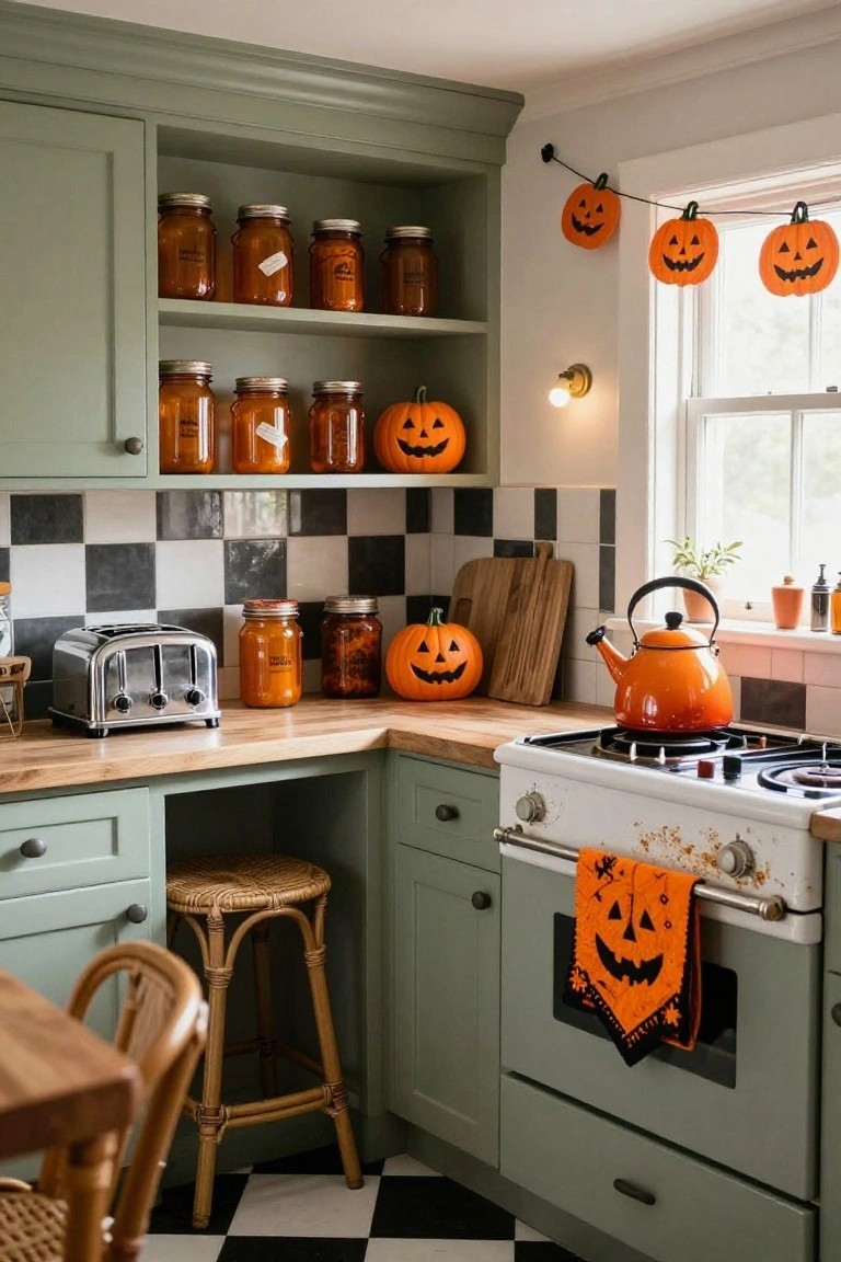 Sage green kitchen corner with open shelves holding orange glass jars and jack-o-lantern pumpkins, black and white checkered tile backsplash, wood countertop, silver toaster, orange kettle on gas stove, and orange Halloween dish towel on white oven.