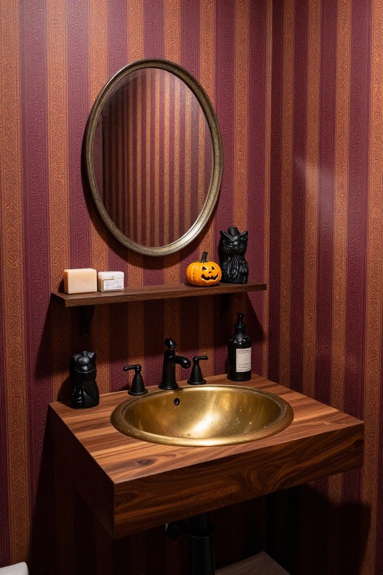 Bathroom with wooden vanity holding gold sink and black faucet, flanked by black cat statues, floating shelf with soap bar, small pumpkin, and black cat figure, oval mirror above, all against vertical maroon and orange striped wallpaper.