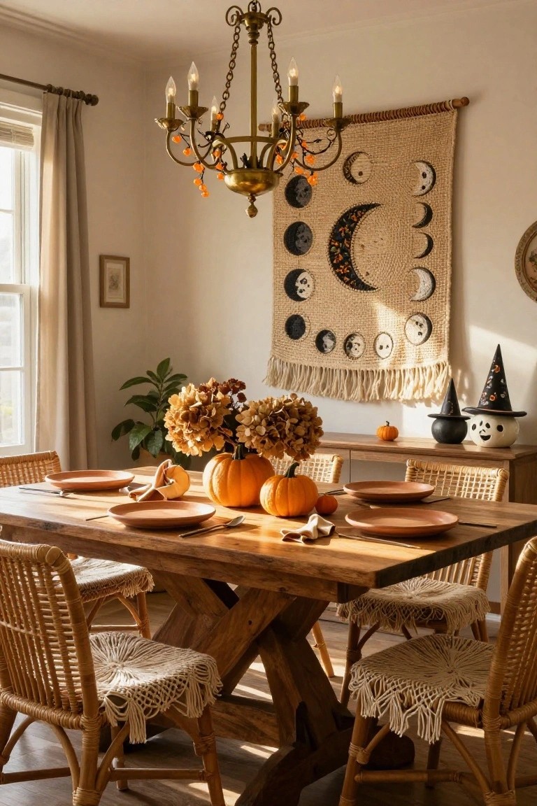 Rustic wooden dining table set with pumpkins and moon phase tapestry.