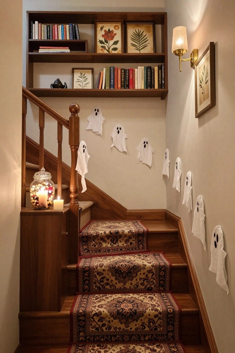 Wooden staircase with beige walls lined with white paper ghost cutouts, bookshelves stocked with books and plants above, brass wall lamp, glass jar of multicolored candies and candle on wooden side table at base, and patterned runner rug on steps.