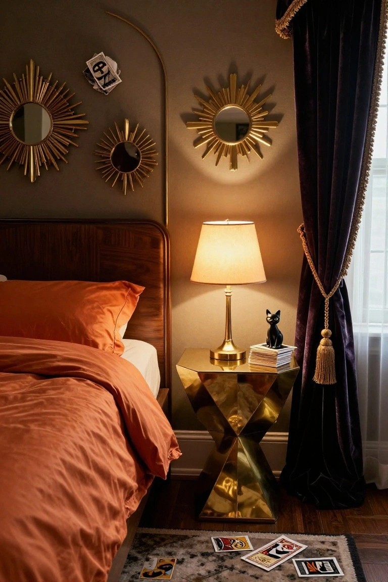 Bedroom corner with wood headboard bed covered in orange bedding, brass geometric nightstand holding lamp black cat figurine and stacked books, multiple gold sunburst mirrors on taupe wall, purple tasseled velvet curtains, and tarot cards scattered on rug.